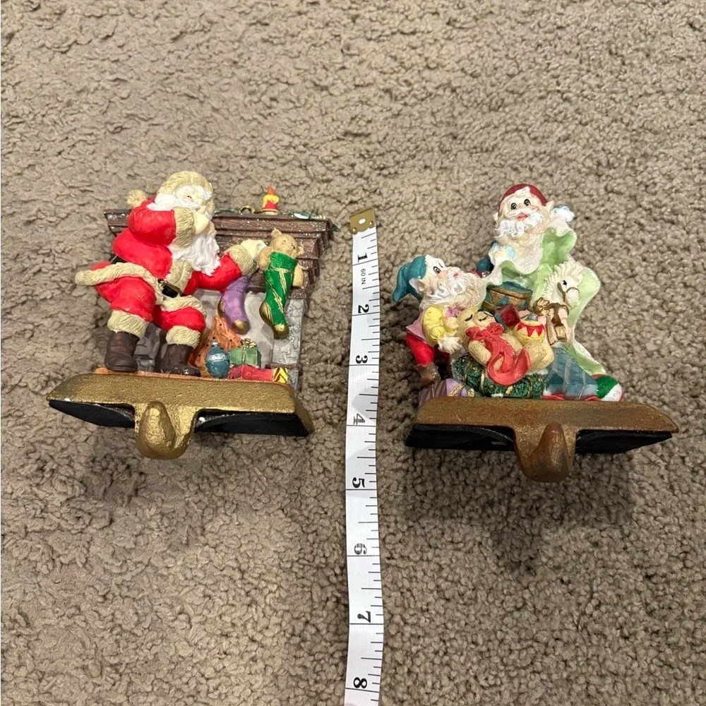 Set of 2 Vintage Heavy Cast Iron Christmas Stocking Mantel Hook Holders Santa